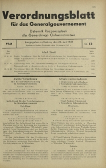 Verordnungsblatt für das Generalgouvernement = Dziennik Rozporządzeń dla Generalnego Gubernatorstwa. 1941, Nr 53 (24 Juni)