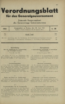 Verordnungsblatt für das Generalgouvernement = Dziennik Rozporządzeń dla Generalnego Gubernatorstwa. 1941, Nr 58 (30 Juni)