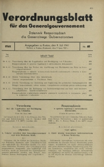 Verordnungsblatt für das Generalgouvernement = Dziennik Rozporządzeń dla Generalnego Gubernatorstwa. 1941, Nr 60 (9 Juli)