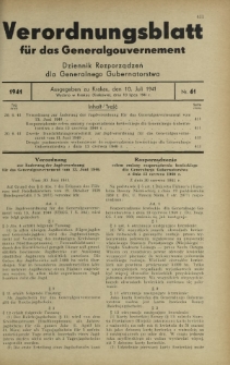Verordnungsblatt für das Generalgouvernement = Dziennik Rozporządzeń dla Generalnego Gubernatorstwa. 1941, Nr 61 (10 Juli)