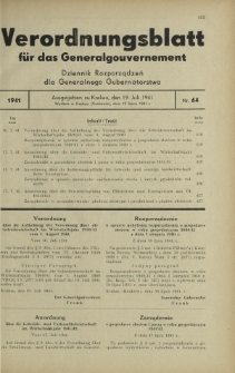 Verordnungsblatt für das Generalgouvernement = Dziennik Rozporządzeń dla Generalnego Gubernatorstwa. 1941, Nr 64 (19 Juli)