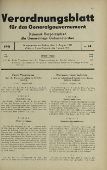 Verordnungsblatt für das Generalgouvernement = Dziennik Rozporządzeń dla Generalnego Gubernatorstwa. 1941, Nr 69 (1 August)