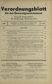 Verordnungsblatt für das Generalgouvernement = Dziennik Rozporządzeń dla Generalnego Gubernatorstwa. 1941, Nr 71 (14 August)