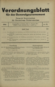 Verordnungsblatt für das Generalgouvernement = Dziennik Rozporządzeń dla Generalnego Gubernatorstwa. 1941, Nr 72 (14 August)