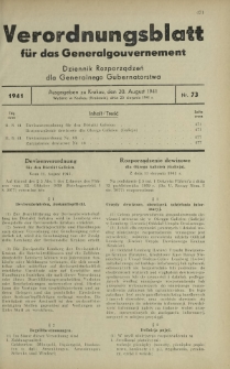 Verordnungsblatt für das Generalgouvernement = Dziennik Rozporządzeń dla Generalnego Gubernatorstwa. 1941, Nr 73 (20 August)