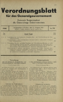 Verordnungsblatt für das Generalgouvernement = Dziennik Rozporządzeń dla Generalnego Gubernatorstwa. 1941, Nr 74 (21 August)