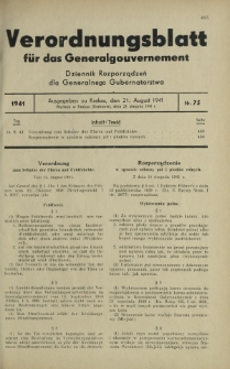 Verordnungsblatt für das Generalgouvernement = Dziennik Rozporządzeń dla Generalnego Gubernatorstwa. 1941, Nr 75 (21 August)