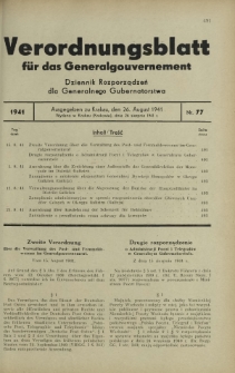 Verordnungsblatt für das Generalgouvernement = Dziennik Rozporządzeń dla Generalnego Gubernatorstwa. 1941, Nr 77 (26 August)