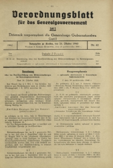 Verordnungsblatt für das Generalgouvernement = Dziennik Rozporządzeń dla Generalnego Gubernatorstwa. Teil 1, Nr 62 (26 October 1940)