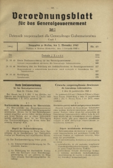 Verordnungsblatt für das Generalgouvernement = Dziennik Rozporządzeń dla Generalnego Gubernatorstwa. Teil 1, Nr 63 (2 November 1940)