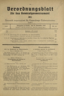 Verordnungsblatt für das Generalgouvernement = Dziennik Rozporządzeń dla Generalnego Gubernatorstwa. Teil 1, Nr 64 (20 November 1940)