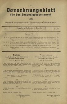 Verordnungsblatt für das Generalgouvernement = Dziennik Rozporządzeń dla Generalnego Gubernatorstwa. Teil 1, Nr 72 (30 Dezember 1940)