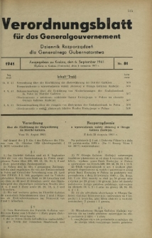 Verordnungsblatt für das Generalgouvernement = Dziennik Rozporządzeń dla Generalnego Gubernatorstwa. 1941, Nr 81 (6 September)
