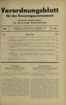 Verordnungsblatt für das Generalgouvernement = Dziennik Rozporządzeń dla Generalnego Gubernatorstwa. 1941, Nr 83 (13 September)