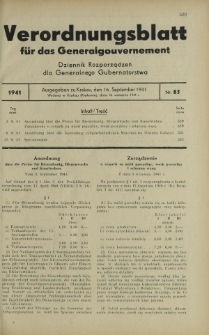 Verordnungsblatt für das Generalgouvernement = Dziennik Rozporządzeń dla Generalnego Gubernatorstwa. 1941, nr 85 (16 September)