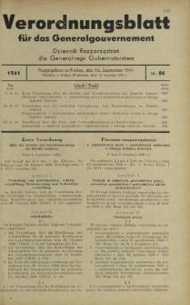 Verordnungsblatt für das Generalgouvernement = Dziennik Rozporządzeń dla Generalnego Gubernatorstwa. 1941, Nr 86 (16 September)