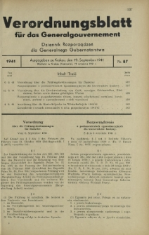 Verordnungsblatt für das Generalgouvernement = Dziennik Rozporządzeń dla Generalnego Gubernatorstwa. 1941, Nr 87 (19 September)