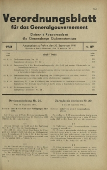 Verordnungsblatt für das Generalgouvernement = Dziennik Rozporządzeń dla Generalnego Gubernatorstwa. 1941, Nr 89 (30 September)