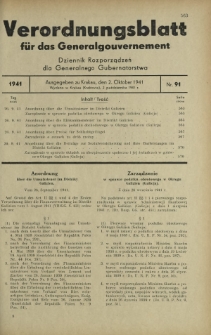 Verordnungsblatt für das Generalgouvernement = Dziennik Rozporządzeń dla Generalnego Gubernatorstwa. 1941, Nr 91 (2 Oktober)