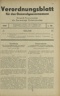 Verordnungsblatt für das Generalgouvernement = Dziennik Rozporządzeń dla Generalnego Gubernatorstwa. 1941, Nr 92 (7 Oktober)