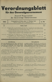 Verordnungsblatt für das Generalgouvernement = Dziennik Rozporządzeń dla Generalnego Gubernatorstwa. 1941, Nr 95 (15 Oktober)
