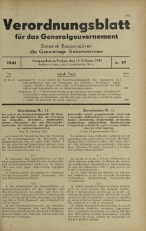 Verordnungsblatt für das Generalgouvernement = Dziennik Rozporządzeń dla Generalnego Gubernatorstwa. 1941, Nr 97 (18 Oktober)