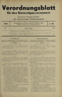 Verordnungsblatt für das Generalgouvernement = Dziennik Rozporządzeń dla Generalnego Gubernatorstwa. 1941, Nr 98 (20 Oktober)