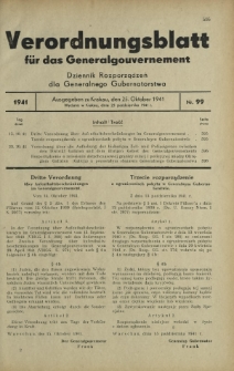 Verordnungsblatt für das Generalgouvernement = Dziennik Rozporządzeń dla Generalnego Gubernatorstwa. 1941, Nr 99 (25 Oktober)