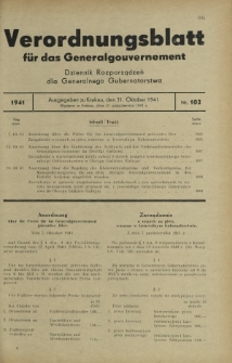 Verordnungsblatt für das Generalgouvernement = Dziennik Rozporządzeń dla Generalnego Gubernatorstwa. 1941, Nr 102 (31 Oktober)