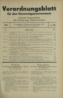 Verordnungsblatt für das Generalgouvernement = Dziennik Rozporządzeń dla Generalnego Gubernatorstwa. 1941, Nr 104 (8 November)