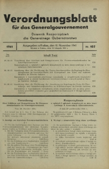 Verordnungsblatt für das Generalgouvernement = Dziennik Rozporządzeń dla Generalnego Gubernatorstwa. 1941, Nr 105 (10 November)