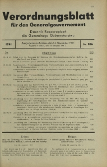 Verordnungsblatt für das Generalgouvernement = Dziennik Rozporządzeń dla Generalnego Gubernatorstwa. 1941, nr 106 (14 November)