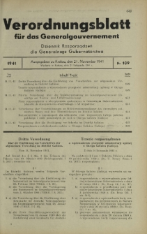 Verordnungsblatt für das Generalgouvernement = Dziennik Rozporządzeń dla Generalnego Gubernatorstwa. 1941, Nr 109 (21 November)