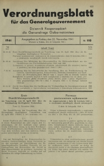 Verordnungsblatt für das Generalgouvernement = Dziennik Rozporządzeń dla Generalnego Gubernatorstwa. 1941, Nr 110 (22 November)