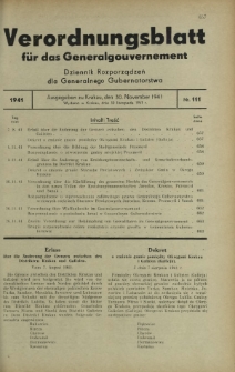 Verordnungsblatt für das Generalgouvernement = Dziennik Rozporządzeń dla Generalnego Gubernatorstwa. 1941, Nr 111 (30 November)