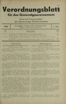 Verordnungsblatt für das Generalgouvernement = Dziennik Rozporządzeń dla Generalnego Gubernatorstwa. 1941, Nr 113 (2 Dezember)
