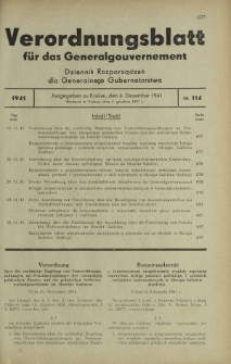 Verordnungsblatt für das Generalgouvernement = Dziennik Rozporządzeń dla Generalnego Gubernatorstwa. 1941, Nr 114 (4 Dezember)