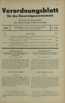 Verordnungsblatt für das Generalgouvernement = Dziennik Rozporządzeń dla Generalnego Gubernatorstwa. 1941, Nr 115 (6 Dezember)