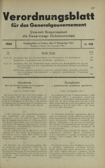 Verordnungsblatt für das Generalgouvernement = Dziennik Rozporządzeń dla Generalnego Gubernatorstwa. 1941, nr 116 (9 Dezember)