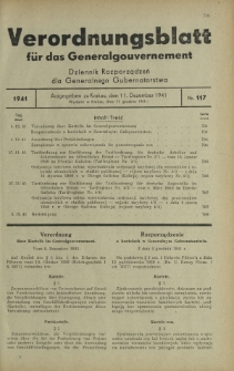 Verordnungsblatt für das Generalgouvernement = Dziennik Rozporządzeń dla Generalnego Gubernatorstwa. 1941, Nr 117 (11 Dezember)