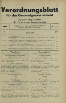 Verordnungsblatt für das Generalgouvernement = Dziennik Rozporządzeń dla Generalnego Gubernatorstwa. 1941, Nr 122 (31 Dezember)