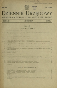 Dziennik Urzędowy Kuratorjum Okręgu Szkolnego Lubelskiego R. 11, nr 4 (112) 1 kwietnia 1939