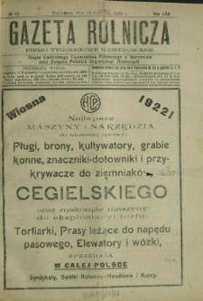 Gazeta Rolnicza : pismo tygodniowe ilustrowane. R. 62, nr 15 (14 kwietnia 1922)
