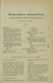 Sprawozdanie Stenograficzne z 216 Posiedzenia Sejmu Ustawodawczego z dnia 8 marca 1921 r.