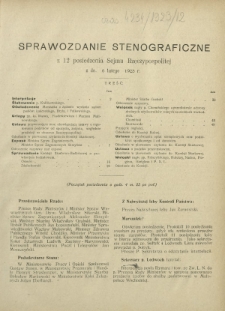 Sprawozdanie Stenograficzne z 12 Posiedzenia Sejmu Rzeczypospolitej z dnia 6 lutego 1923 r. (I Kadencja 1922-1927)