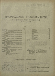 Sprawozdanie Stenograficzne z 14 Posiedzenia Sejmu Rzeczypospolitej z dnia 10 lutego 1923 r. ( I Kadencja 1922-1927)
