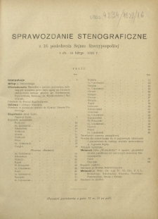 Sprawozdanie Stenograficzne z 16 Posiedzenia Sejmu Rzeczypospolitej z dnia 16 lutego 1923 r. (I Kadencja 1922-1927)