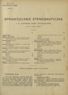 Sprawozdanie Stenograficzne z 21 Posiedzenia Sejmu Rzeczypospolitej z dnia 8 marca 1923 r. (I Kadencja 1922-1927)