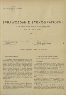 Sprawozdanie Stenograficzne z 25 Posiedzenia Sejmu Rzeczypospolitej z dnia 16 marca 1923 r. (I Kadencja 1922-1927)