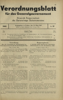 Verordnungsblatt für das Generalgouvernement = Dziennik Rozporządzeń dla Generalnego Gubernatorstwa. 1941, Nr 17 (13 Marz)